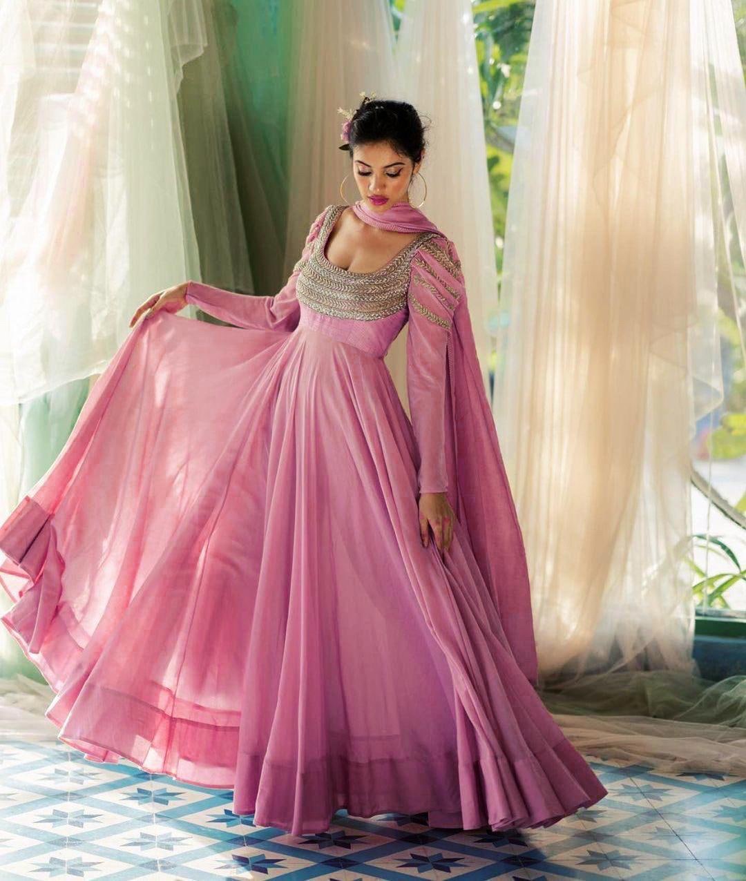 Pink Thread Work Silk Festive Wear Long Anarkali Gown - Clot